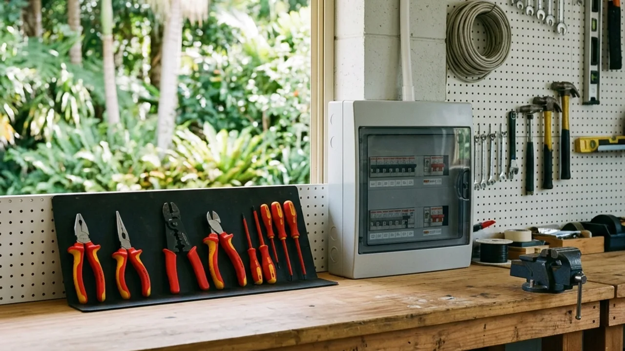 Illustrative electrical tools and workbench, not a photograph of this site's staff